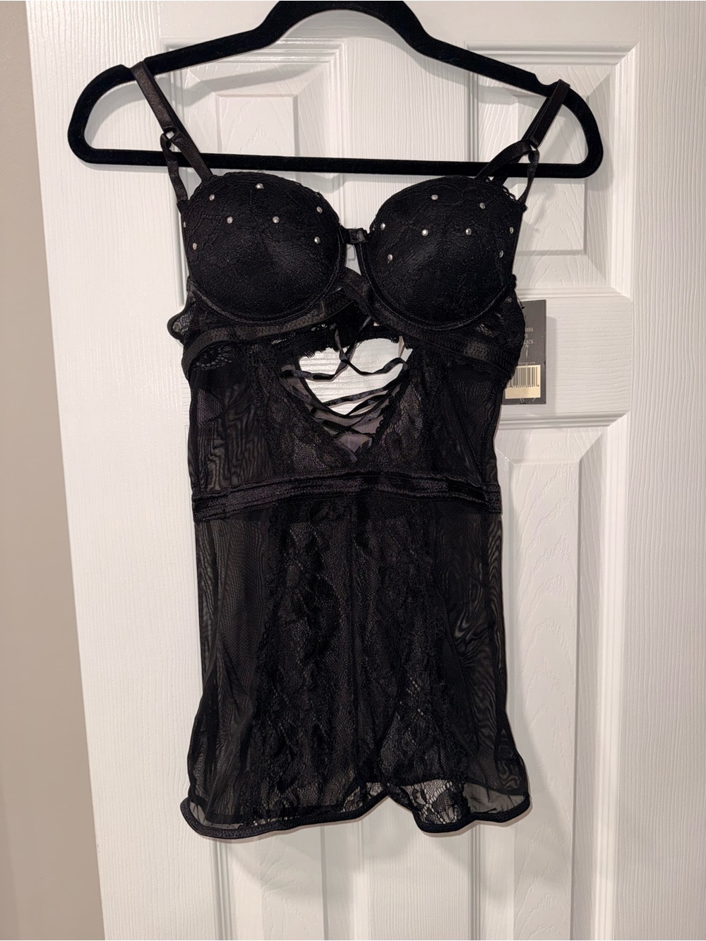 Black Lace & Mesh Studded Chemise by